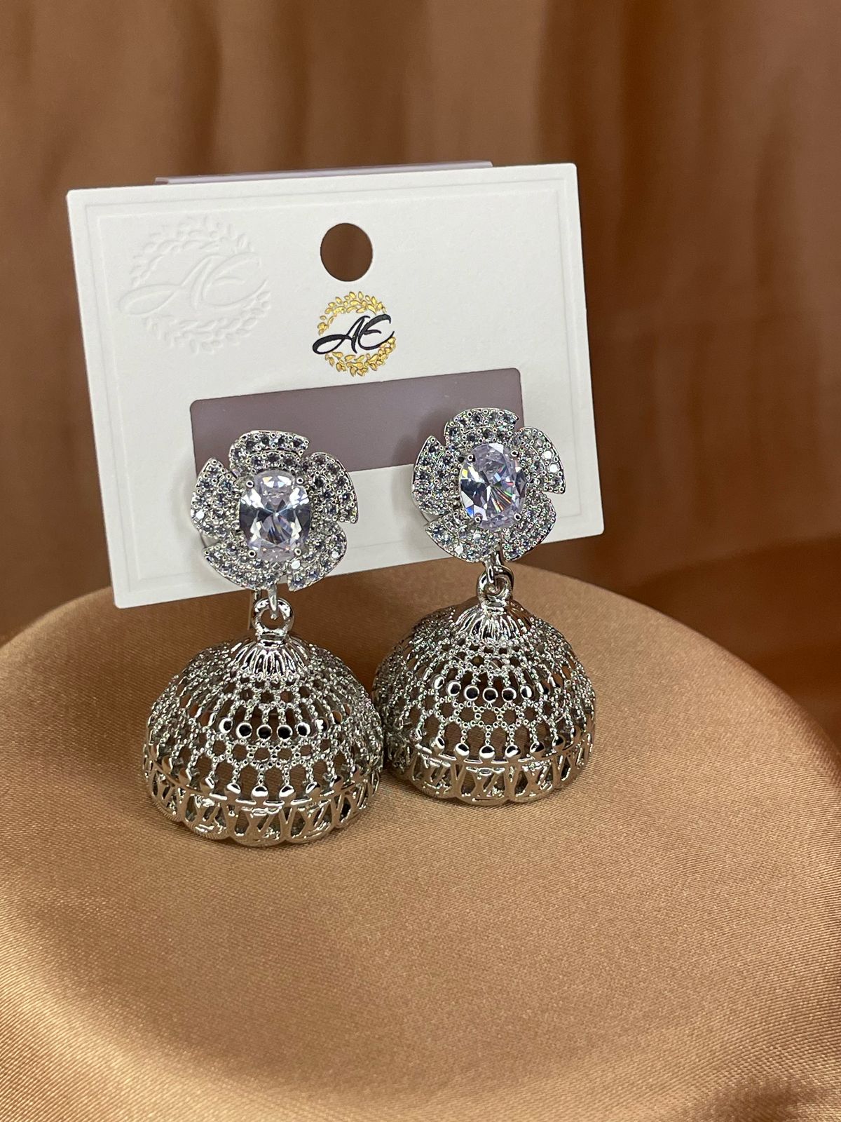 Crystal Bloom Silver Jhumka Earrings